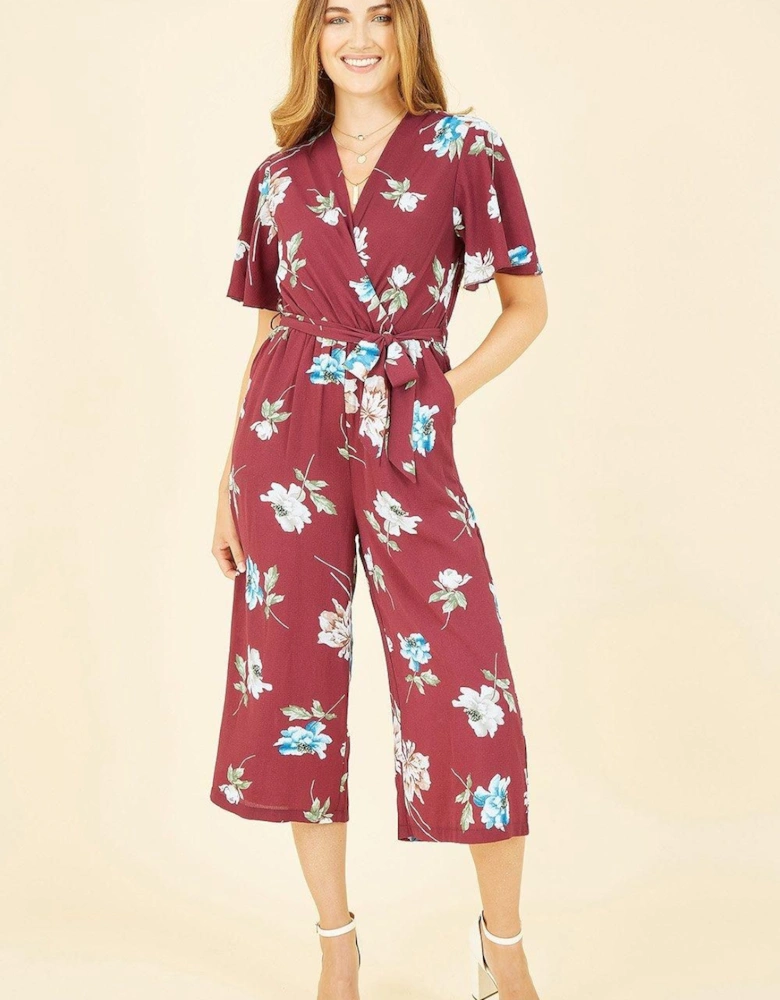 Burgundy Floral Print Jumpsuit With Angel Sleeves