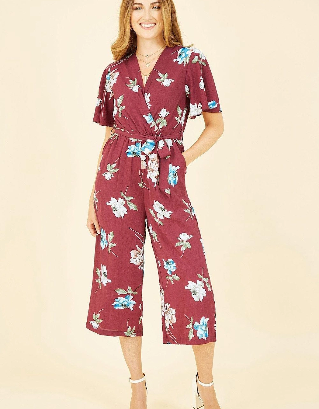Burgundy Floral Print Jumpsuit With Angel Sleeves, 2 of 1