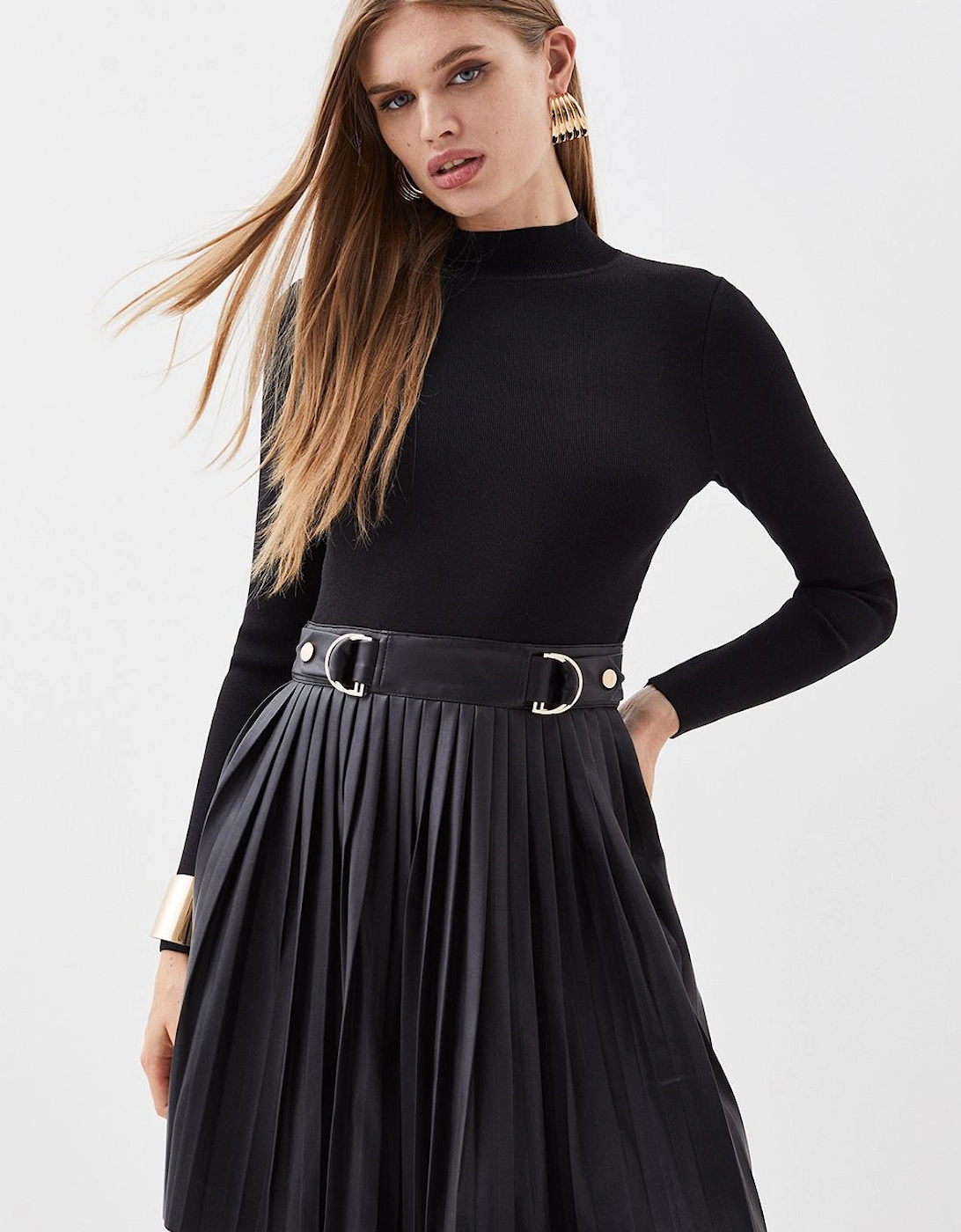 Tall Knitted Skater Dress With Pu Detailing, 2 of 1