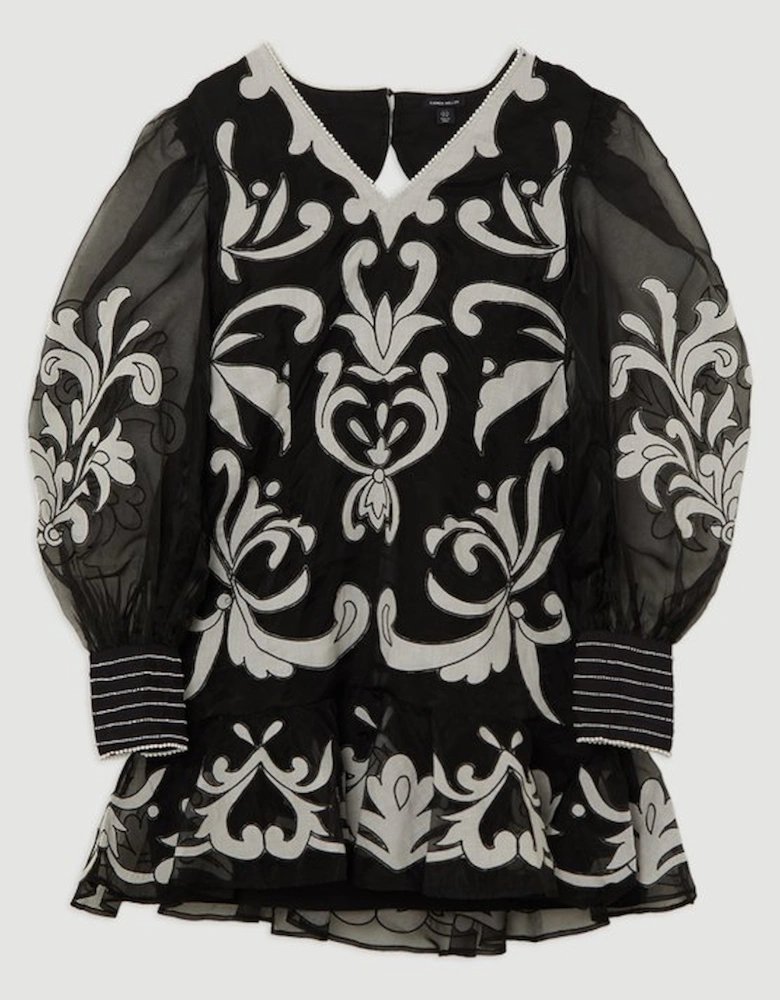 Plus Size Applique Organdie Buttoned Woven Mini Dress