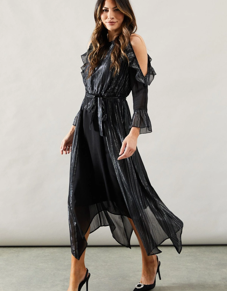 Occasion Metallic Stripe Cold Shoulder Midi Dress