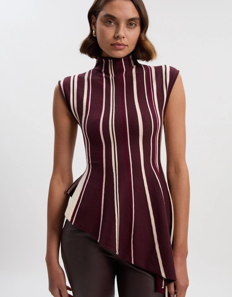 Stripe Viscose Blend Asymmetric Hem Knit Top