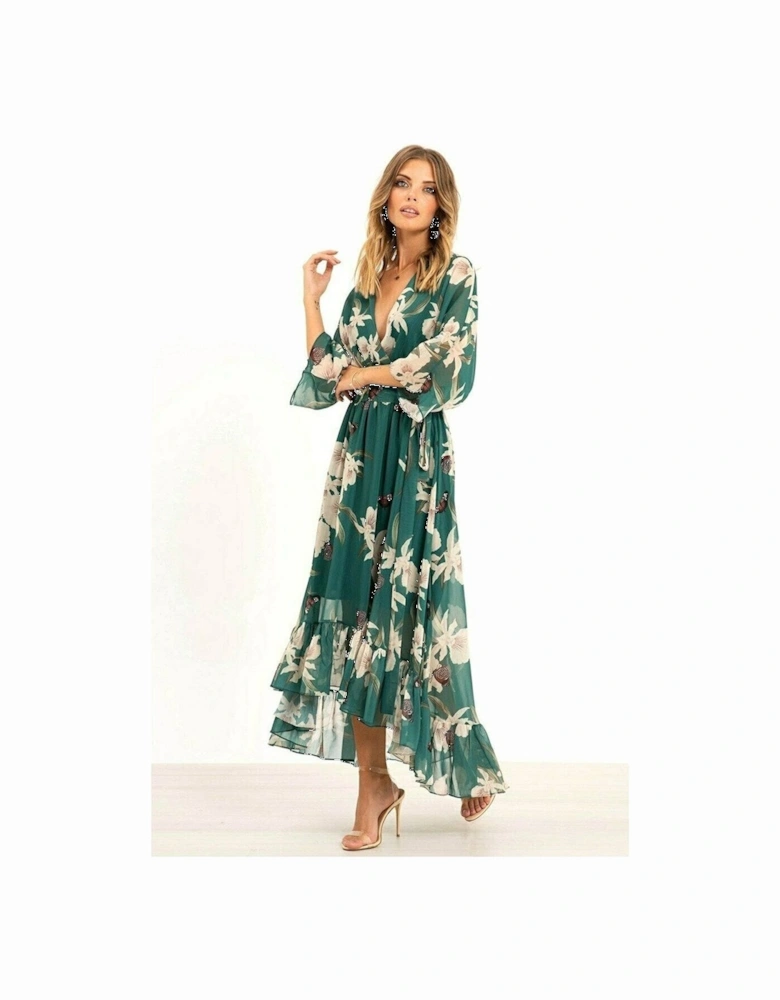 Green Floral Kimono Sleeves Dip Hem Wrap Midi Dress