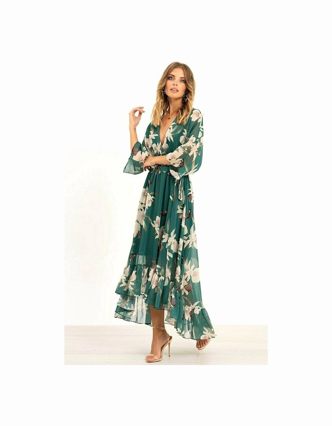 Green Floral Kimono Sleeves Dip Hem Wrap Midi Dress, 2 of 1