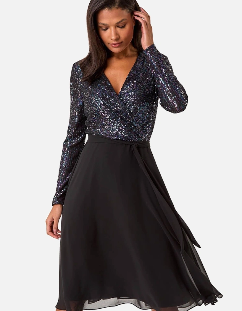 Sequin V-Neck Stretch Wrap Midi Dress