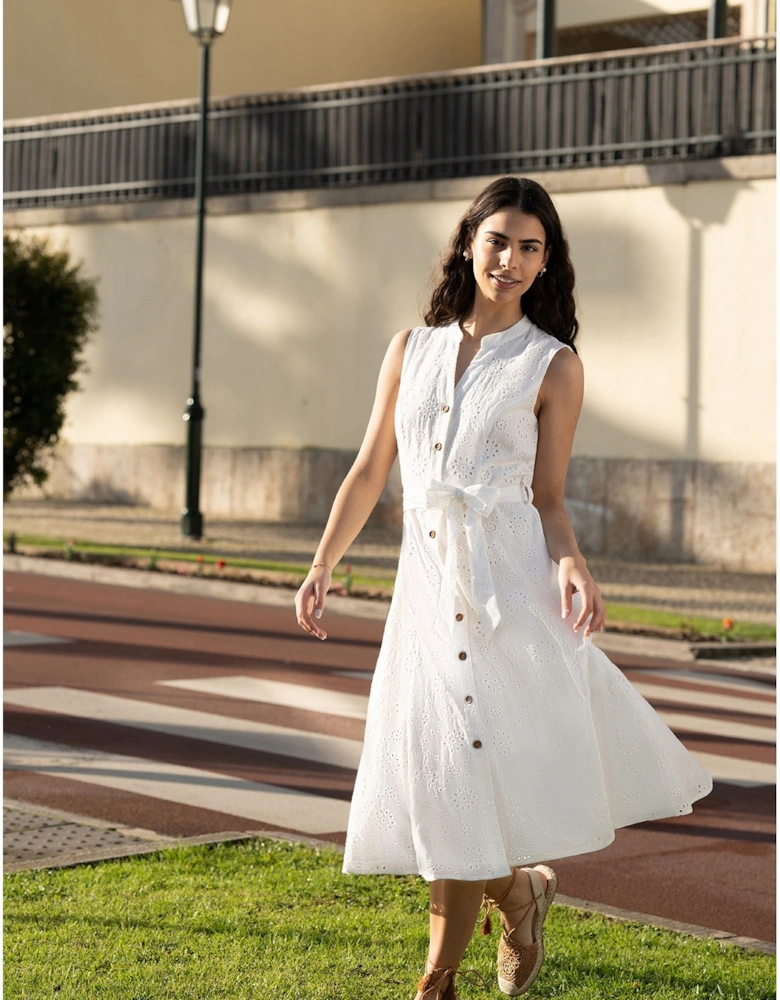 White Flower Broderie Anglaise Cotton Shirt Dress