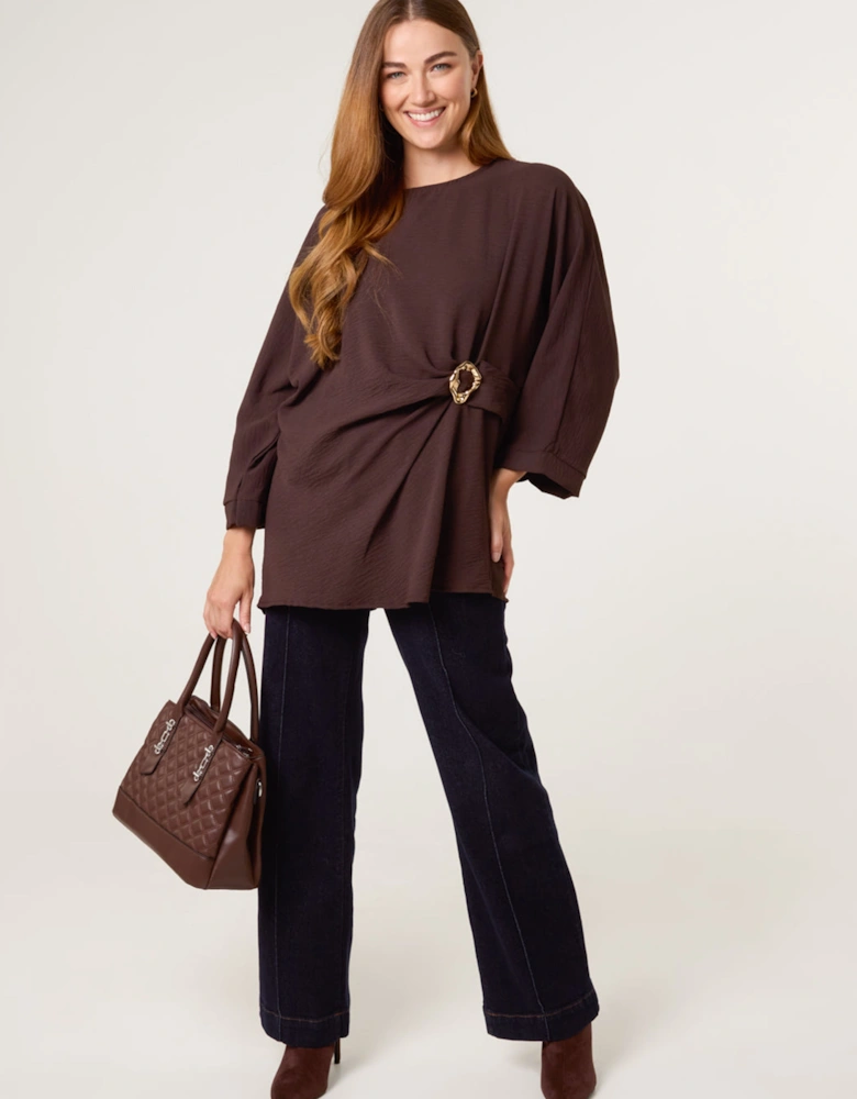 Brown Detail Side Gathered Blouse