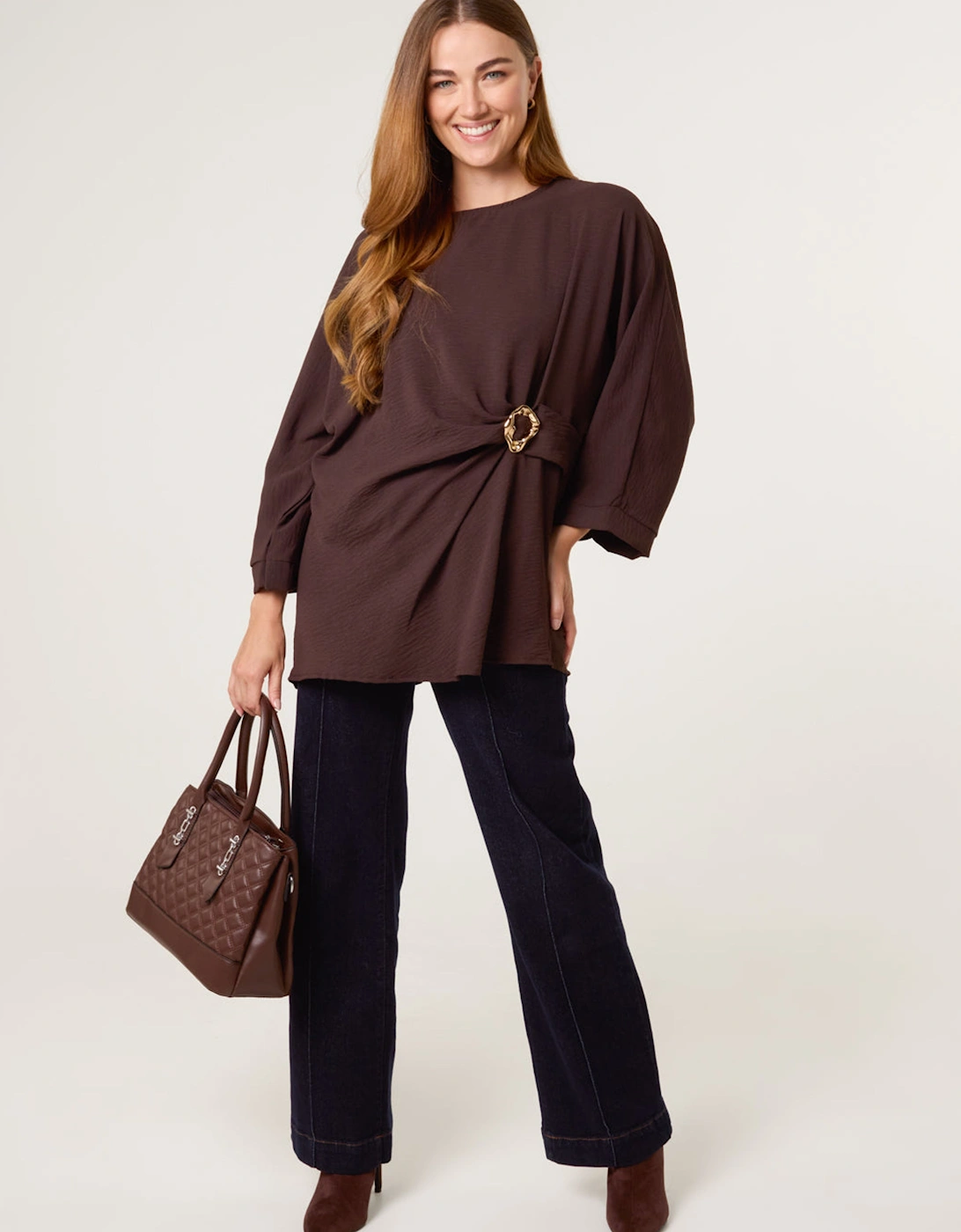 Brown Detail Side Gathered Blouse, 2 of 1