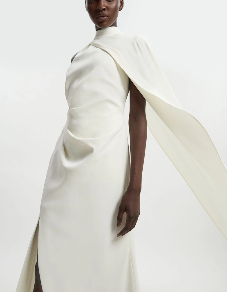 Soft Tailored One Shoulder Cape Sleeve Maxi Dress