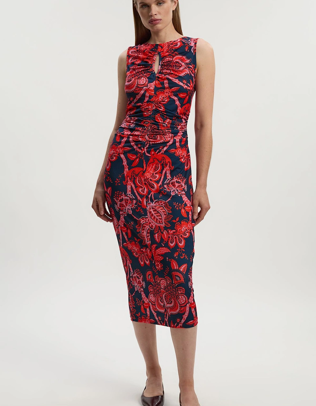 Paisley Floral Jersey Crepe Cut Out Neck Midi Dress, 2 of 1