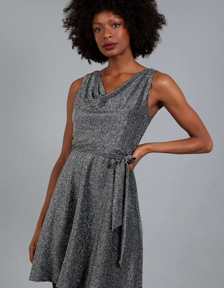 Silver Cowl Neck Sleeveless Fit & Flare Dress