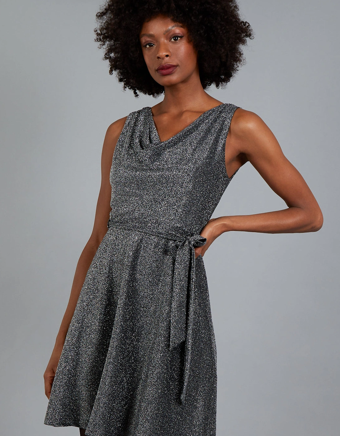 Silver Cowl Neck Sleeveless Fit & Flare Dress, 2 of 1