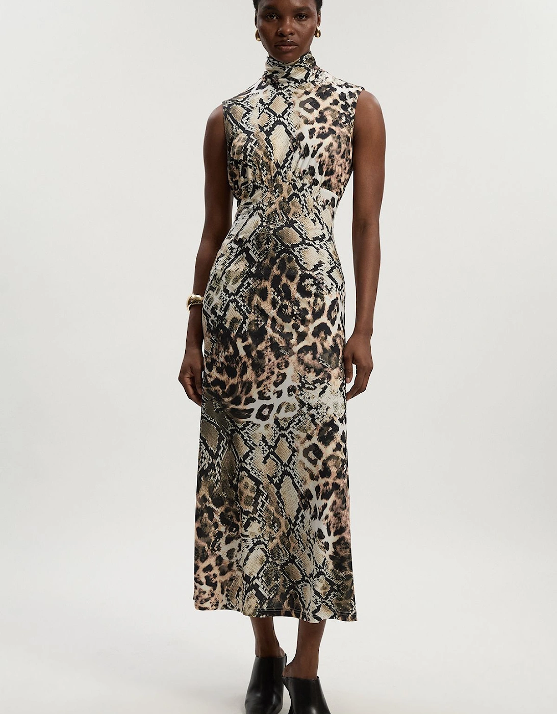 Snake Print High Neck Jersey Crepe Maxi Dress, 2 of 1
