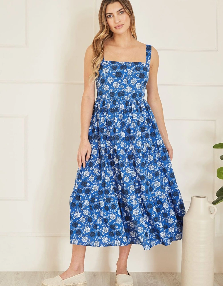 Blue Organic Cotton Voile Floral Strappy Midi Sun Dress