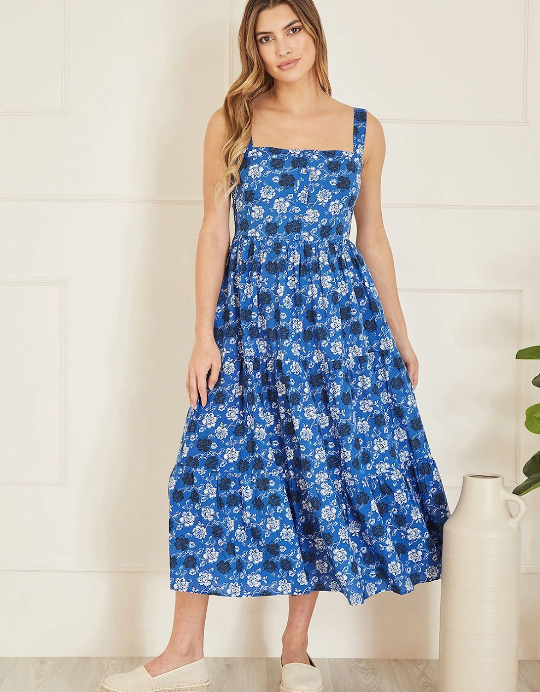 Blue Organic Cotton Voile Floral Strappy Midi Sun Dress, 2 of 1