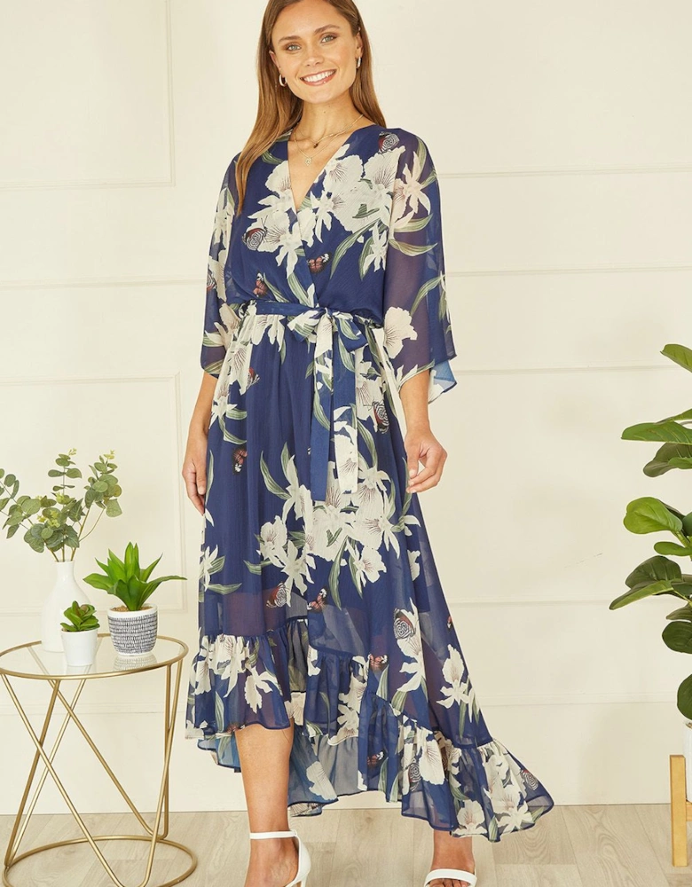 Navy Floral Kimono Sleeves Dip Hem Wrap Midi Dress