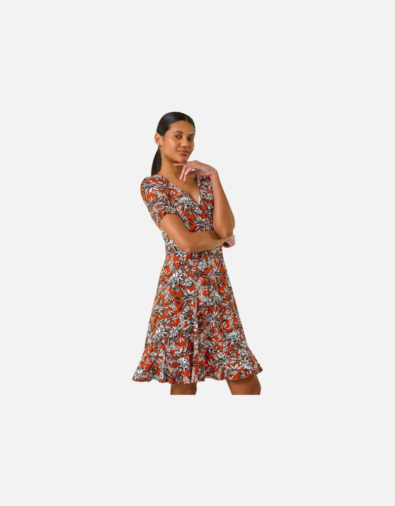 Floral Print V-Neck Wrap Stretch Dress