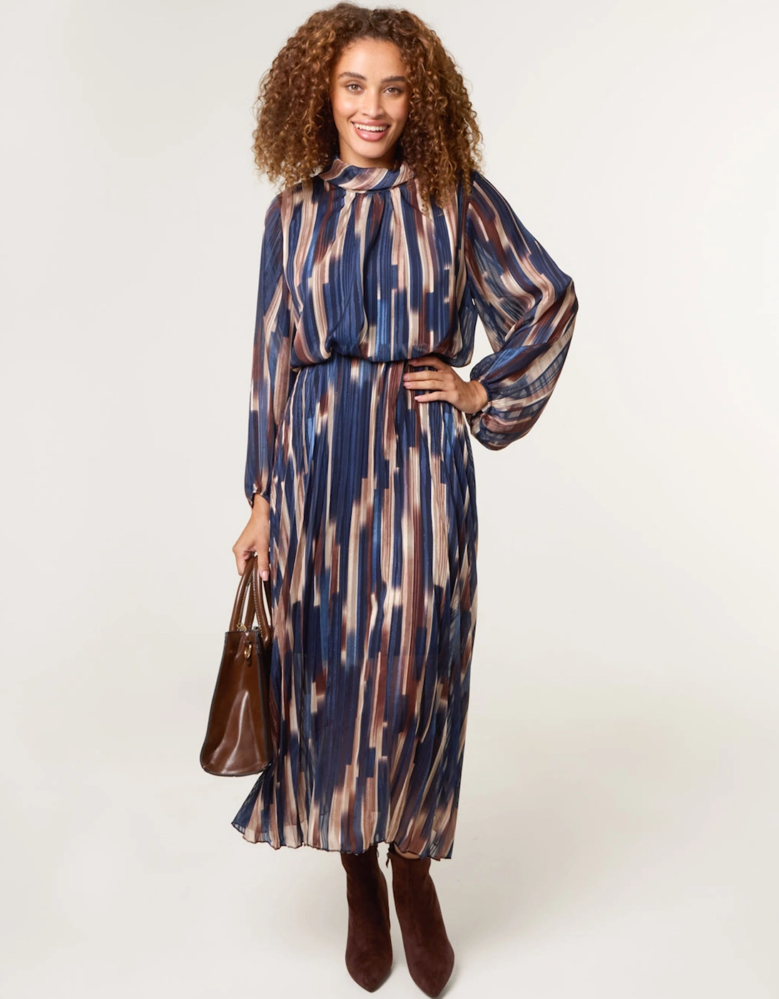Navy High Neck Printed Dress With Elasticated Waist, 2 of 1