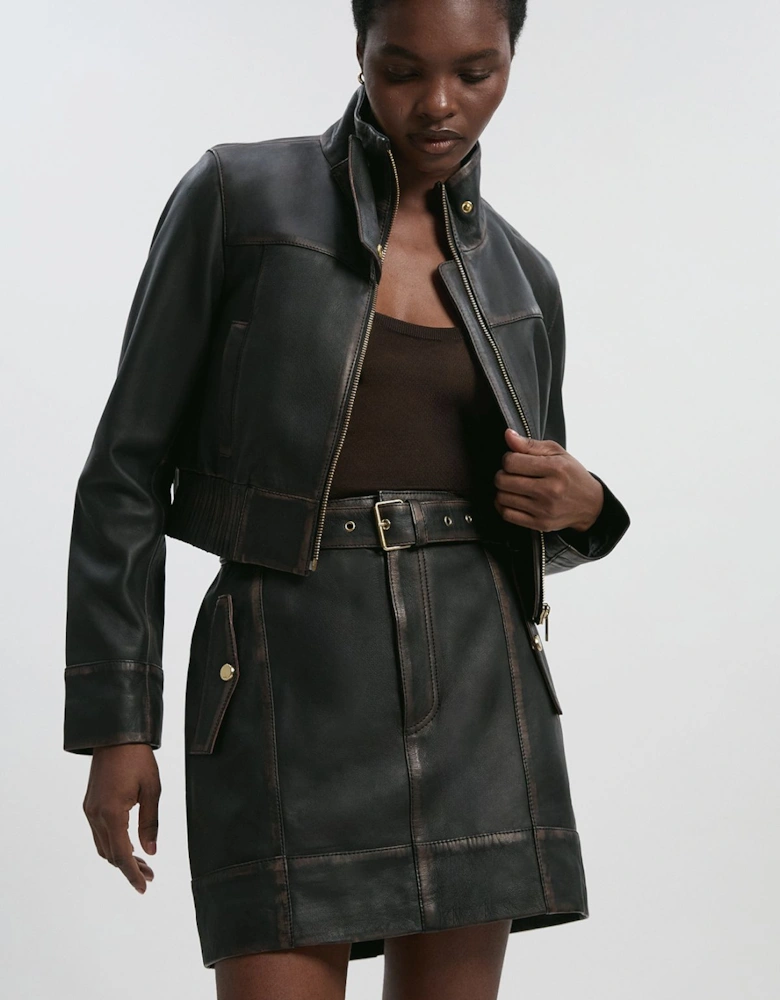 Leather Washed Belted Mini Skirt