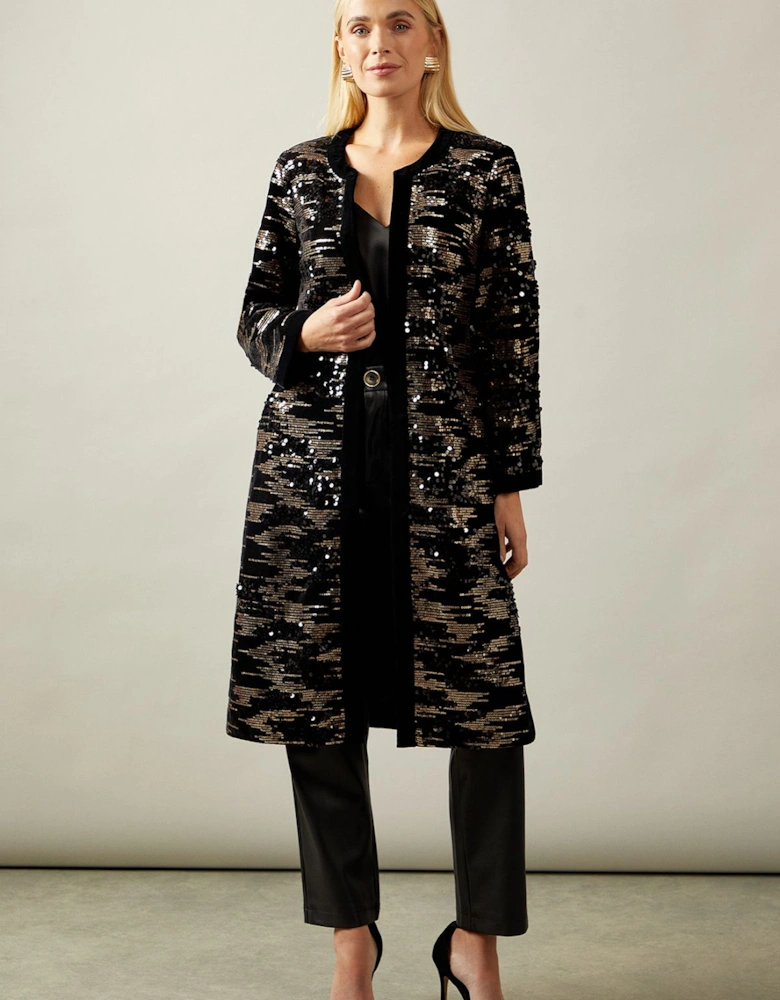 Petite Black Sequin Longline Jacket