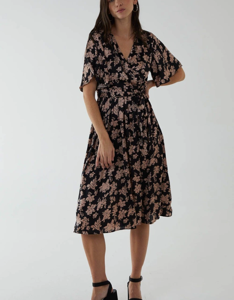 V-Neck Angel Sleeve Midi Dress