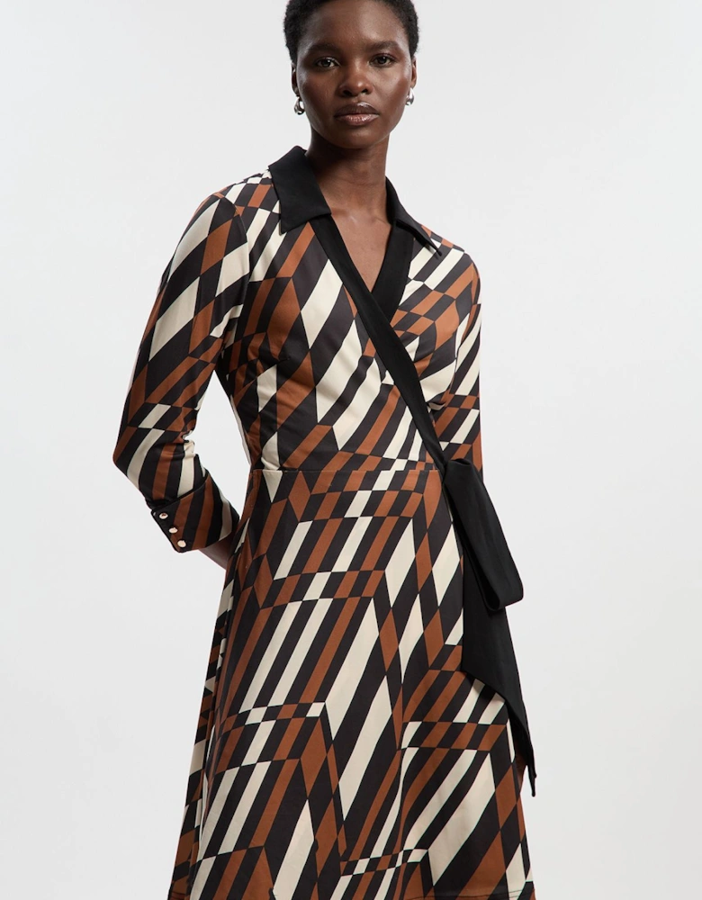 Geo Printed Jersey Crepe Tie Waist Midi Dress