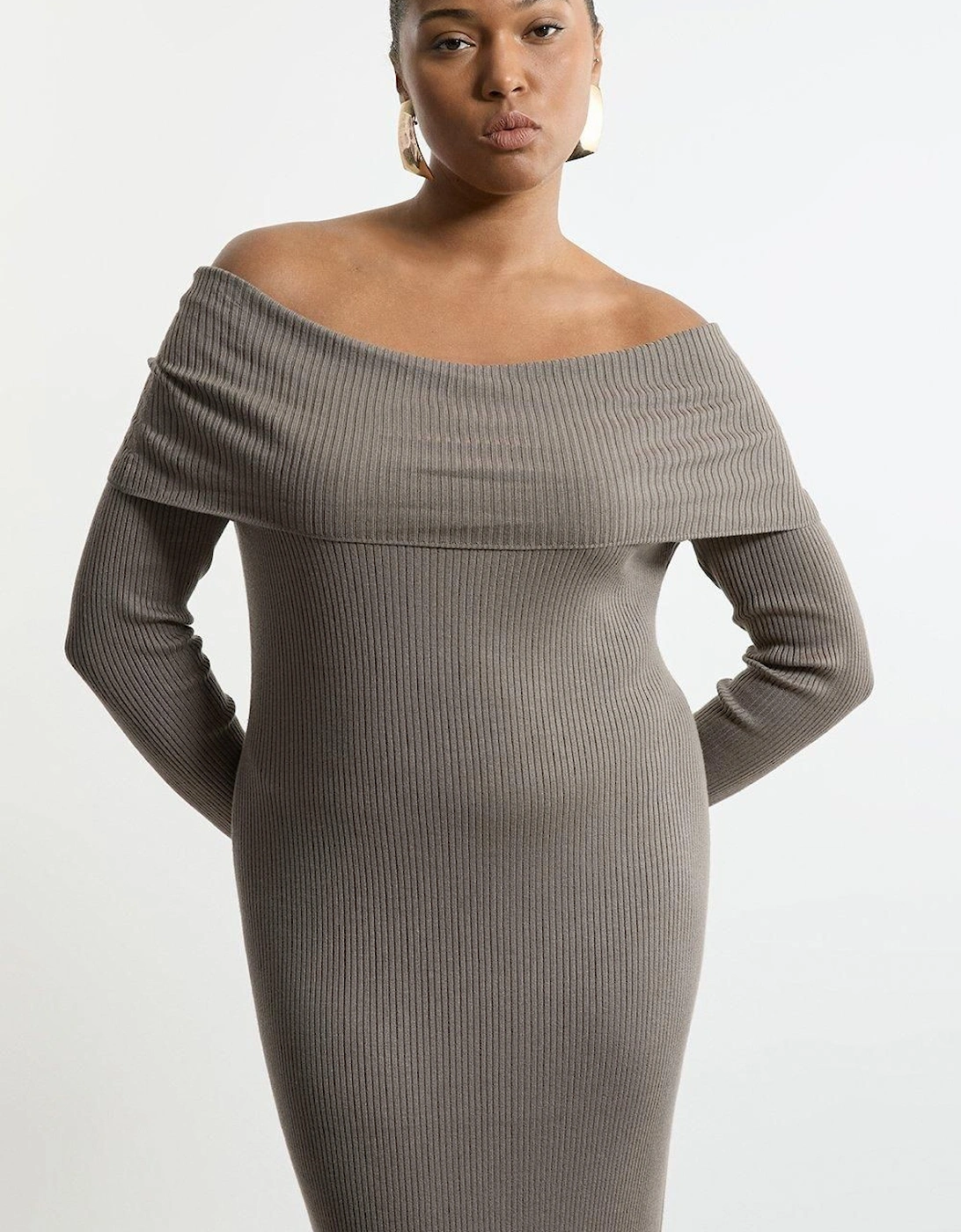 Plus Size Viscose Blend Rib Detail Bardot Knit Midi Dress, 2 of 1