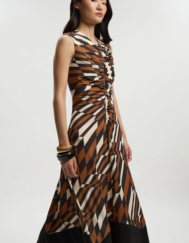 Geo Printed Jersey Crepe Hanky Hem Maxi Dress