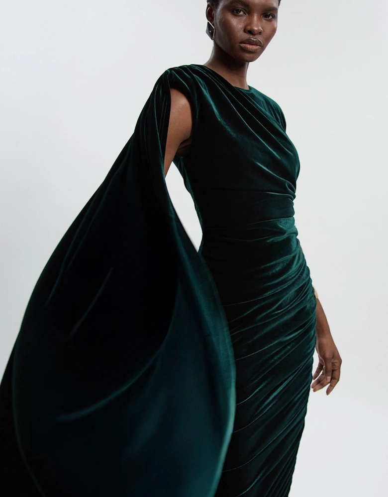 Stretch Velvet Crew Neck Cape Shoulder Maxi Dress
