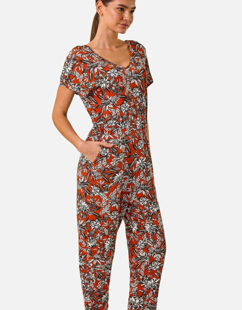 Floral Print V-Neck Stretch Jumpsuit