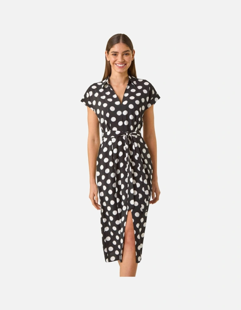 Spot Print Belted Midi Dress