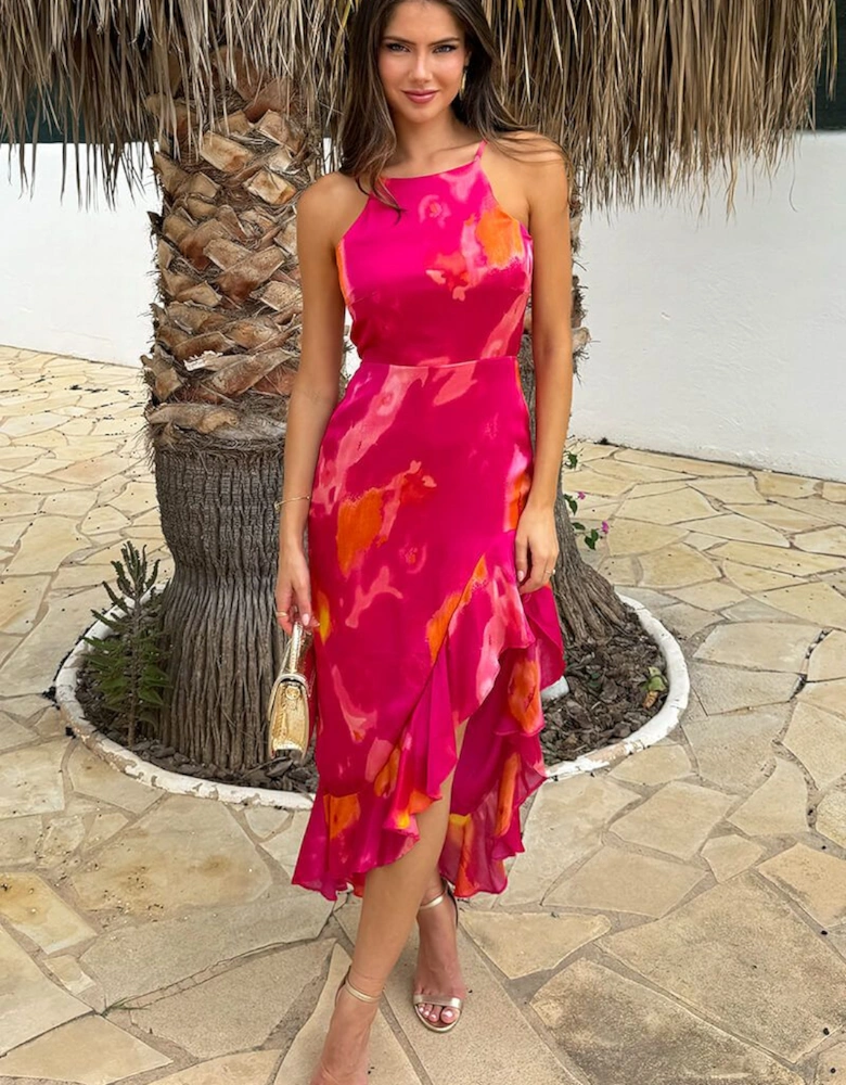 Pink Smudge Print Racer Neck High Low Frill Hem Midi Dress