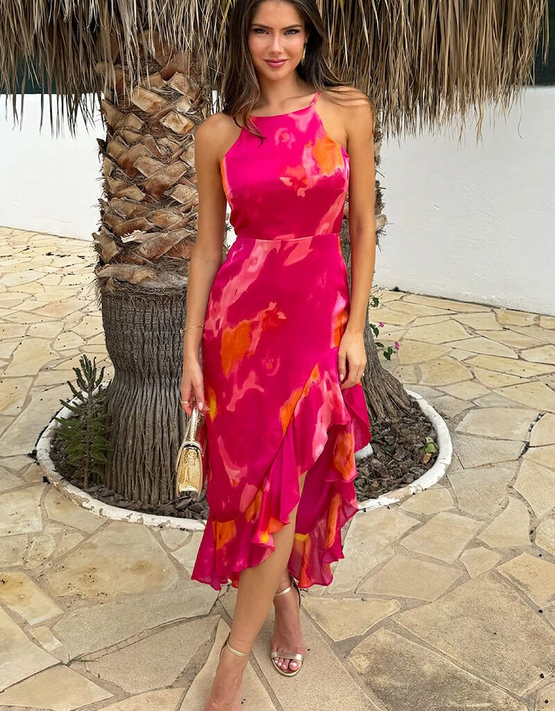 Pink Smudge Print Racer Neck High Low Frill Hem Midi Dress, 2 of 1