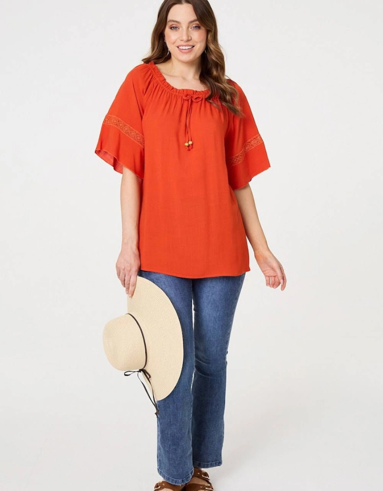 Lace Trim Bardot Tie Neck 1/2 Sleeve Blouse