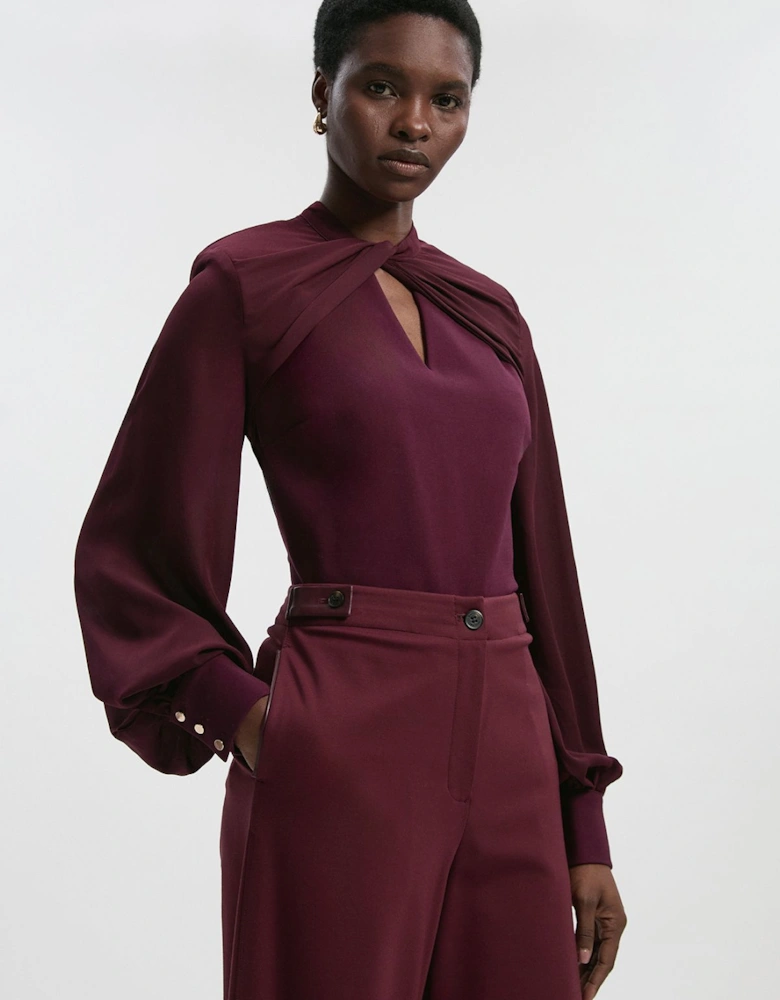 Petite Ponte And Georgette Mix Balloon Sleeve Cut Out Detail Top