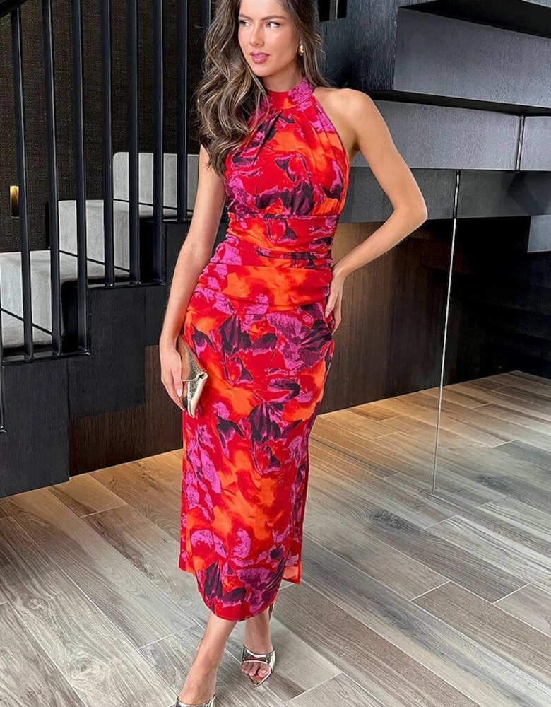 Orange And Purple Abstract Print Halter Neck Draped Waist Midi Dress