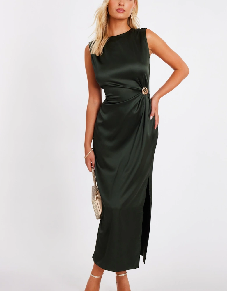 Khaki Satin Buckle Side Midaxi Dress