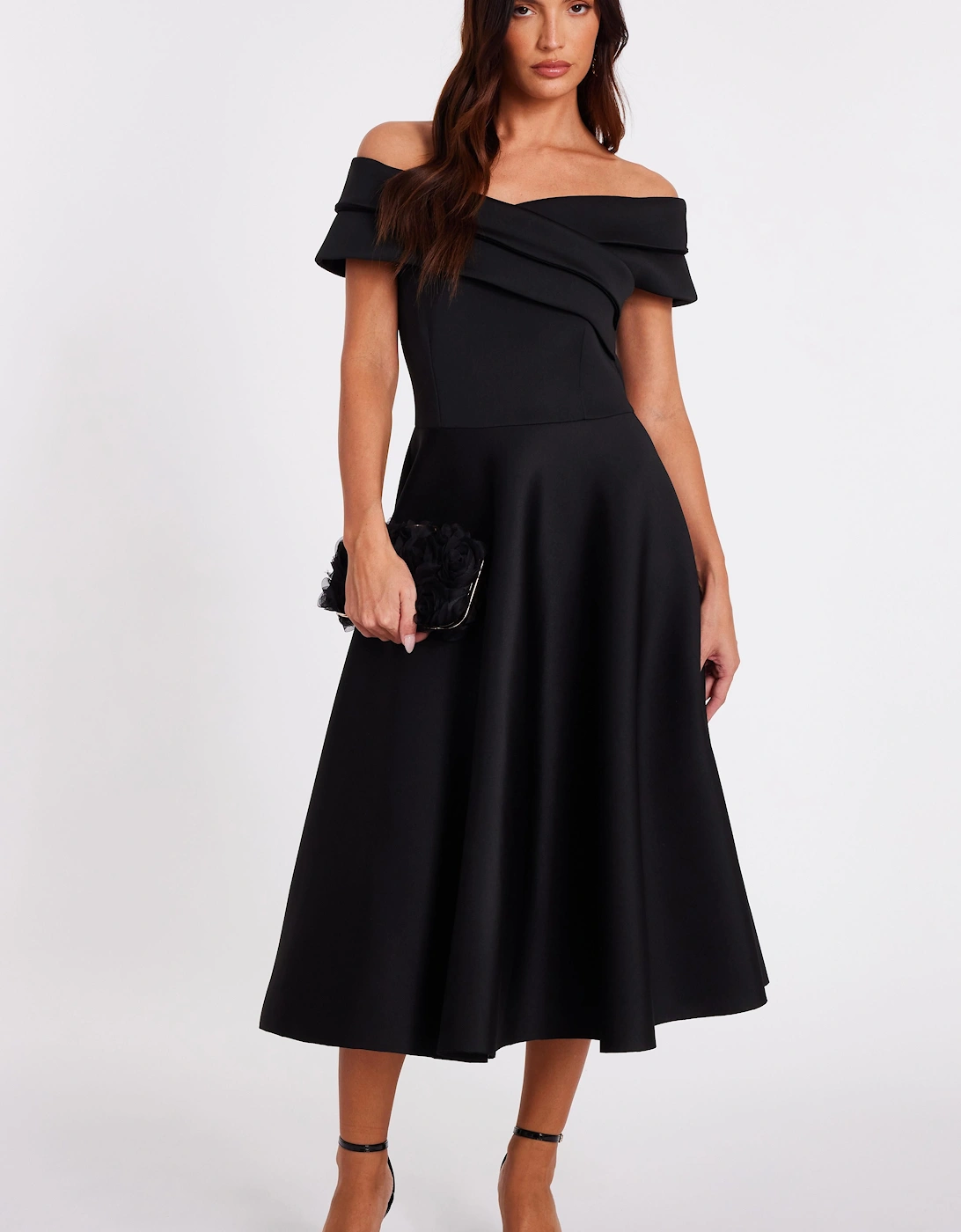 Black Pleated Bardot Midi Dress, 2 of 1