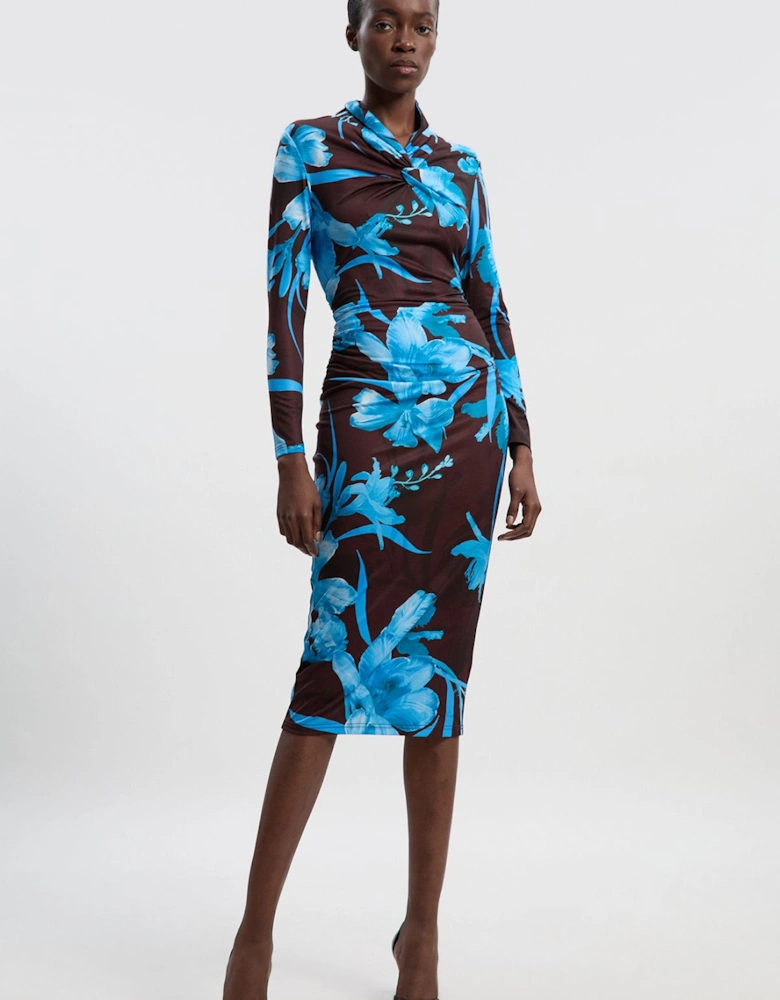 Floral Print Crepe High Neck Midi Dress