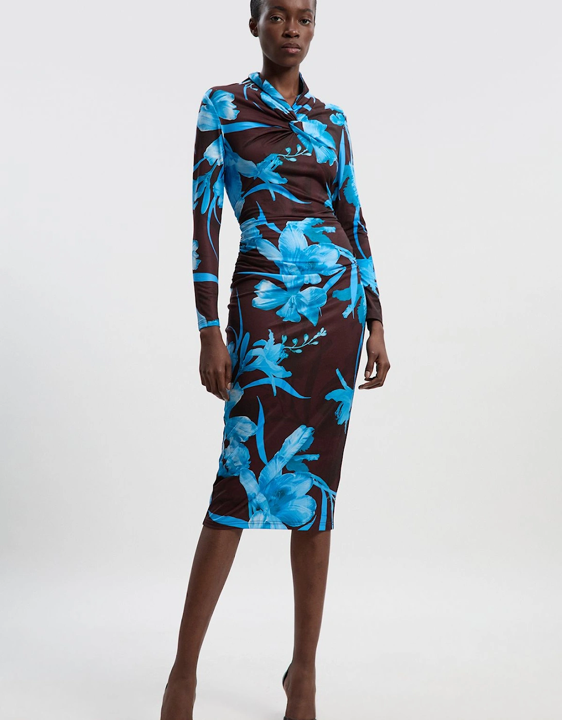 Floral Print Crepe High Neck Midi Dress, 2 of 1