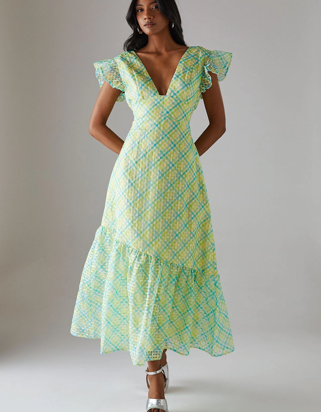 Check Organza Plunge Neck Frill Shoulder Midi Dress, 2 of 1