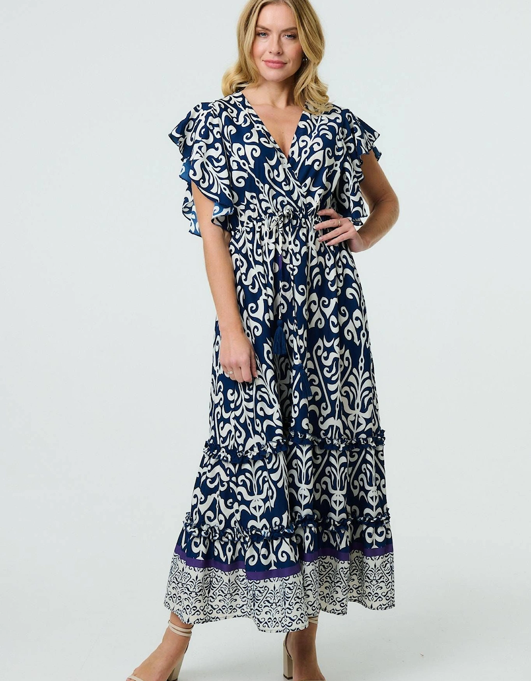 Mosaic Print Ruffle Batwing Sleeve Maxi Dress, 2 of 1