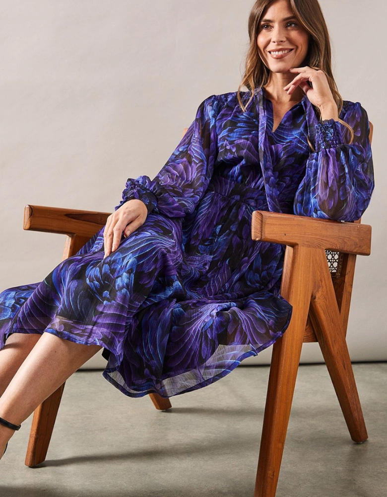 Occasion Feather Print Tie Neck Midi Dress