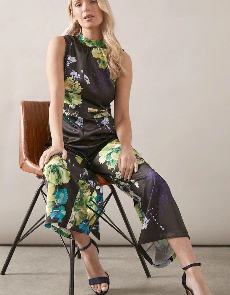 Petite Floral Printed Satin Belted Jumpsuit