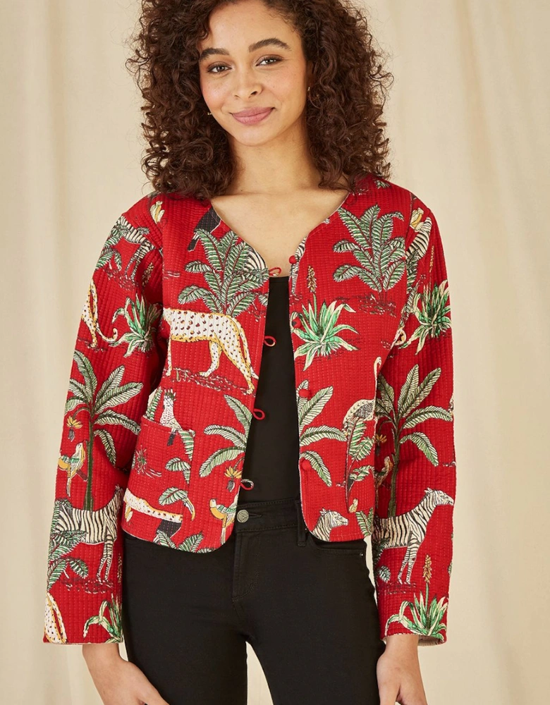 Red Animal Print Reversible Cotton Cropped Quilted Jacket