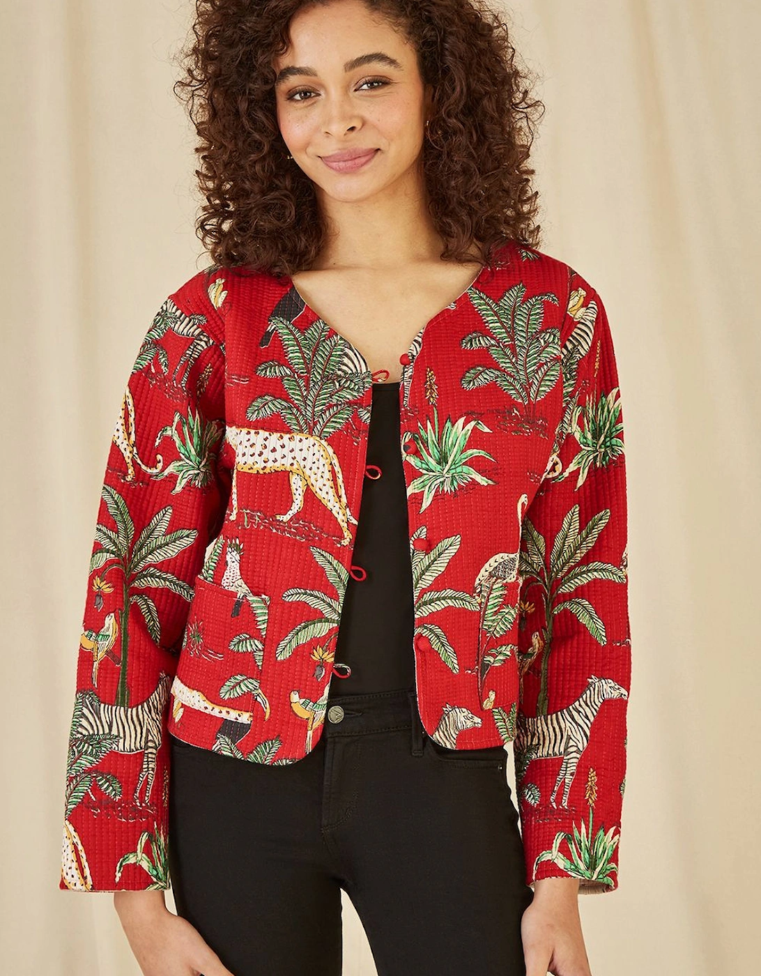 Red Animal Print Reversible Cotton Cropped Quilted Jacket, 2 of 1