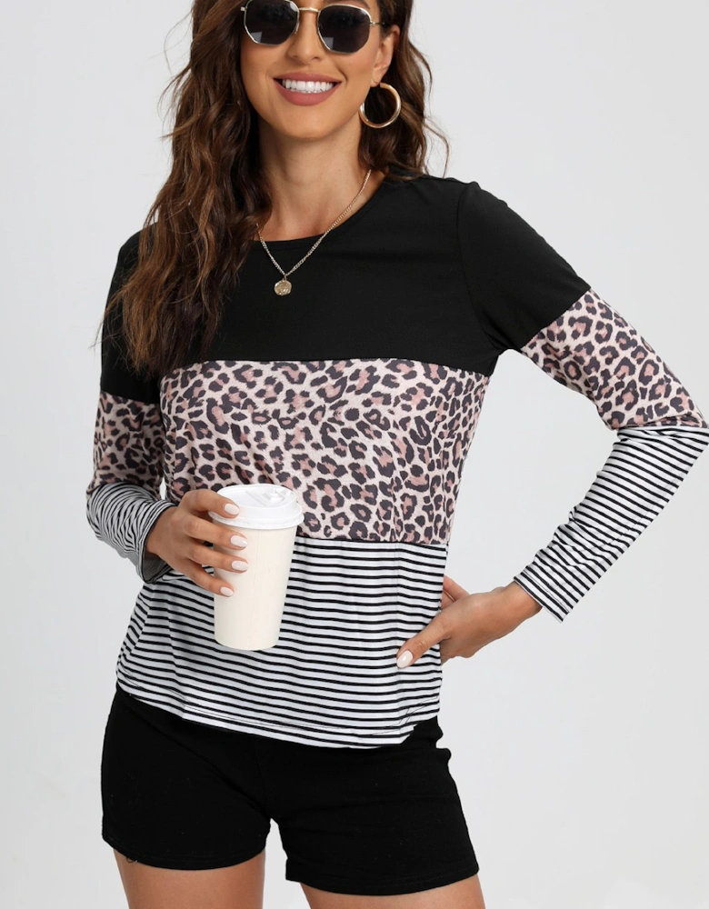 Animal Print & Classic White Striped Top In Black Block