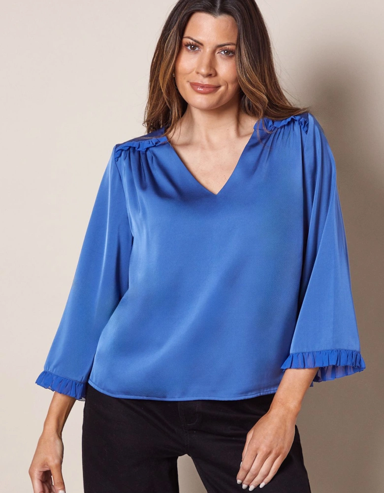 Satin Flute Sleeve Frill Detail Blouse