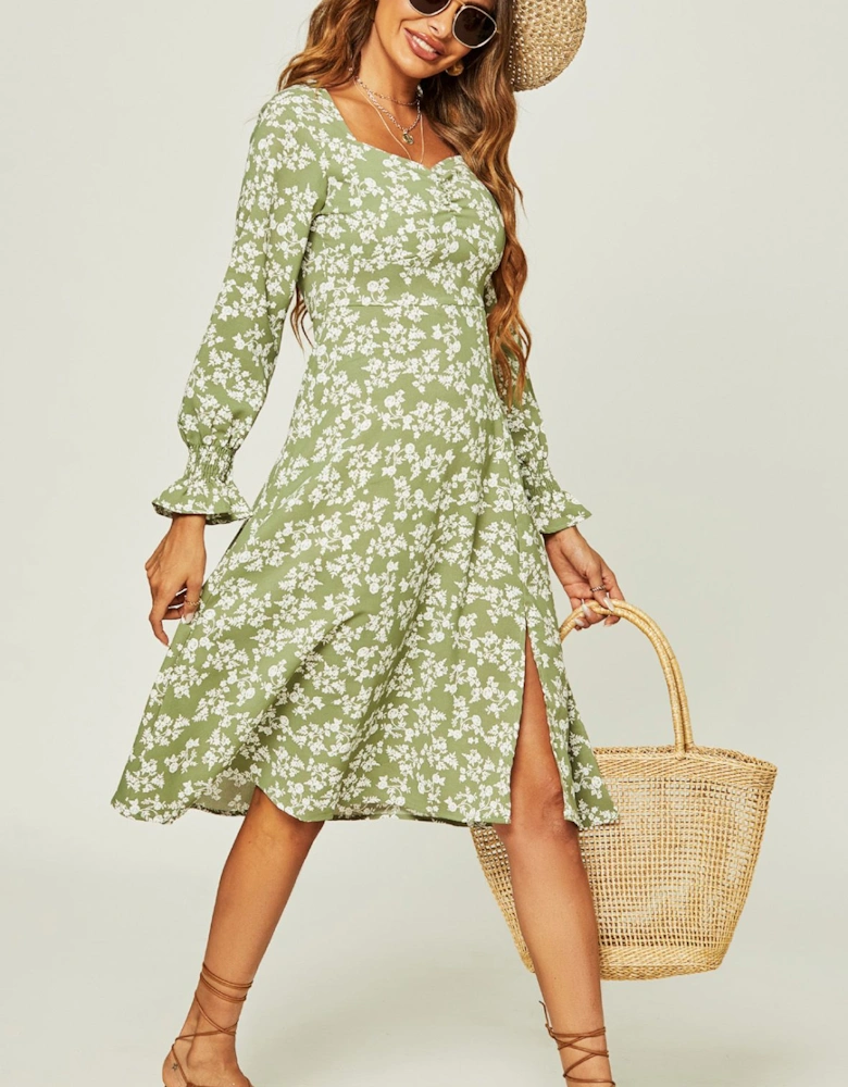 Long Sleeve Slip Leg Midi Dress In Green Flora Print