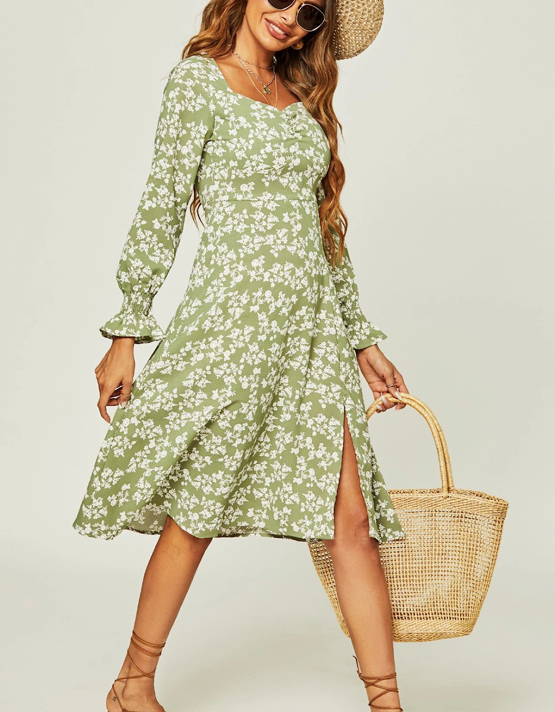 Long Sleeve Slip Leg Midi Dress In Green Flora Print, 2 of 1